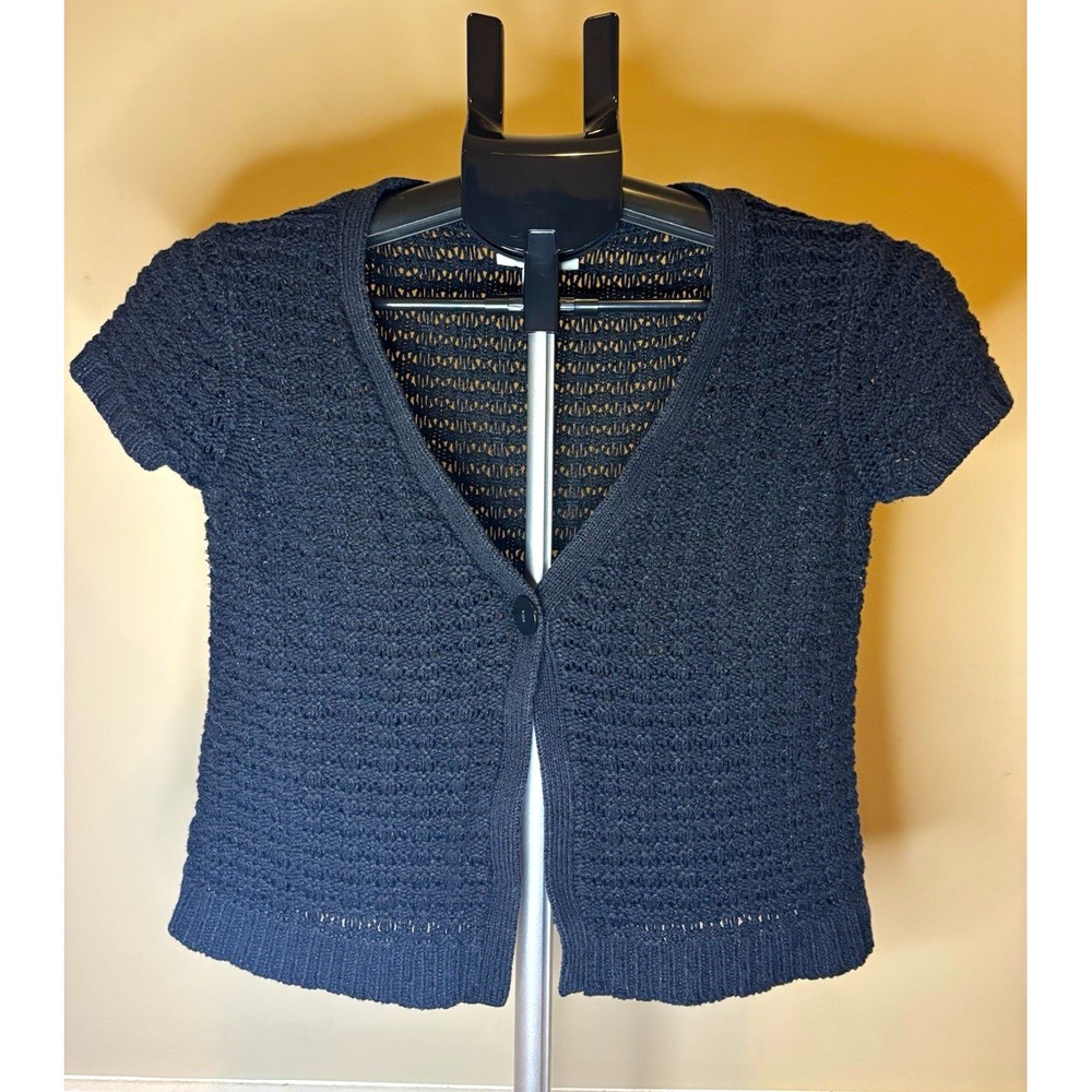 Ann Taylor LOFT Black Open-Knit V-Neck Button Cardigan Sweater Short Sleeve S